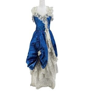 Loralie Vintage 80s Blue Lame & Lace Party Prom Dress Asymmetrical Womens Size ?